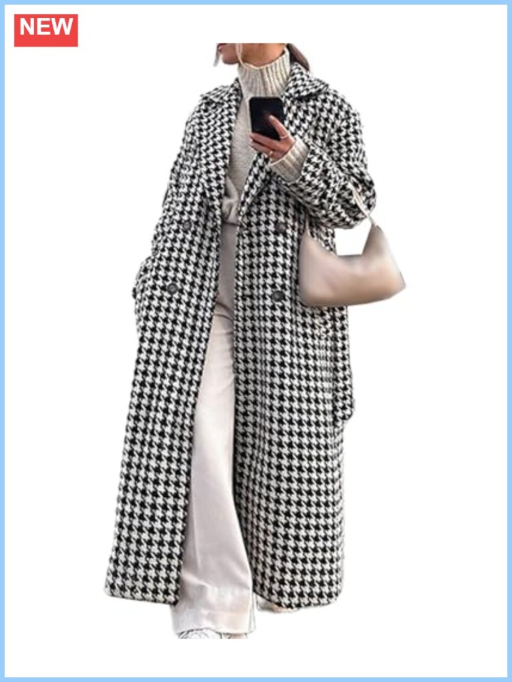 Women's Houndstooth Double Breasted Wool Blend Trench Coat with Belt